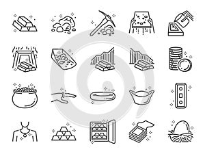Gold line icon set. Included icons as golden, mine, gold bar, price,Â asset, wealth and more.